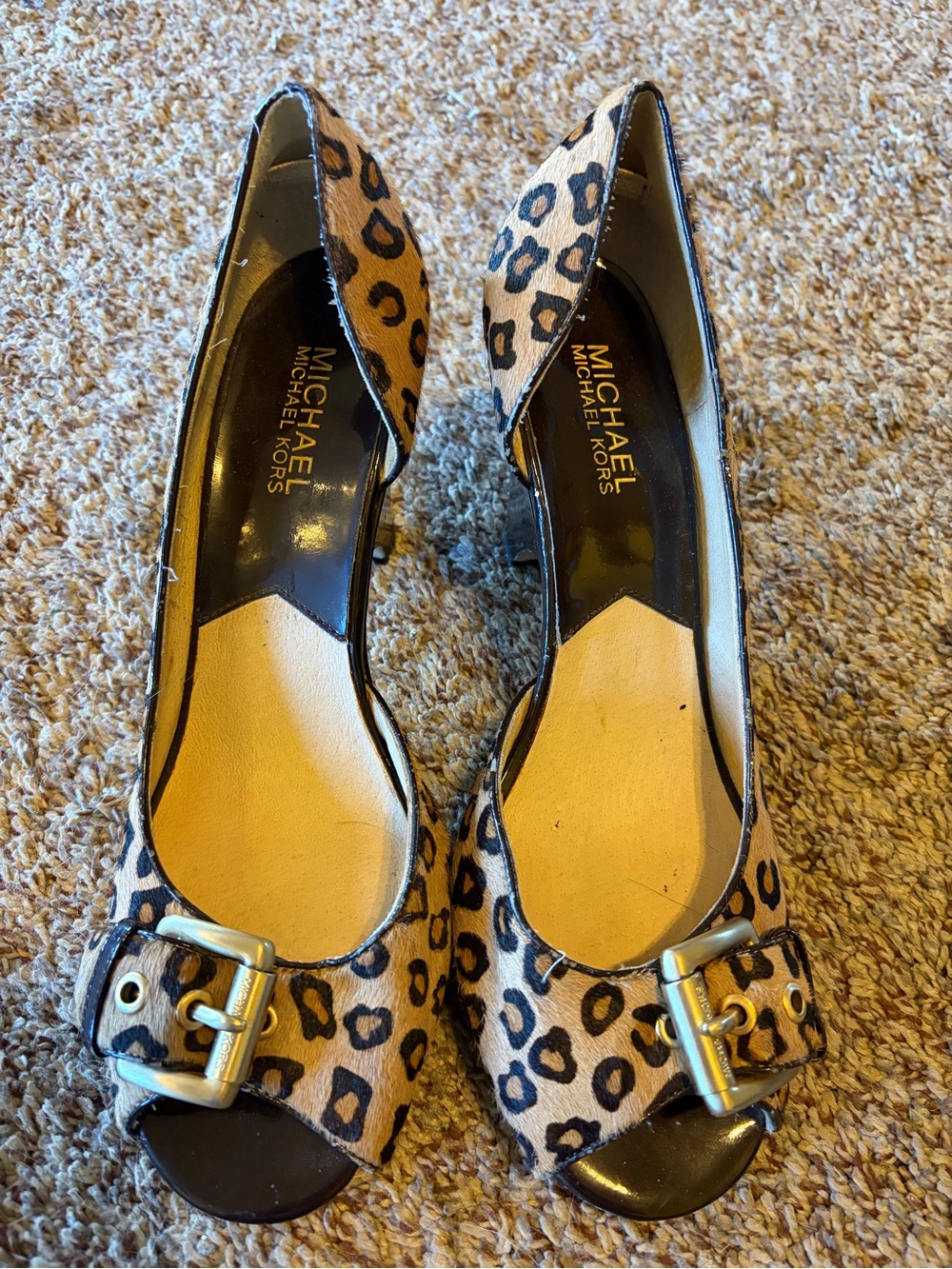 Michael Kors Leopard Print Peep-Toe Heels in Tan and Black with Gold Buckle